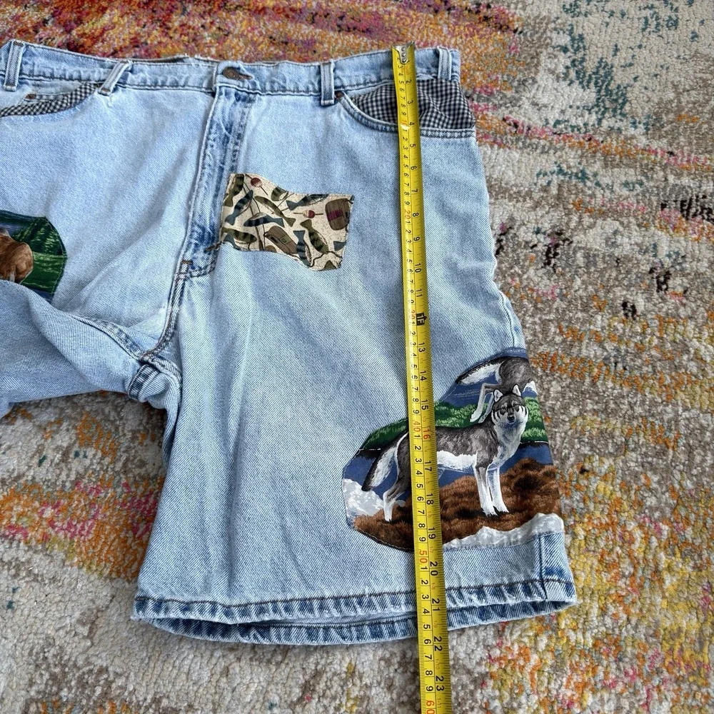 90s Levi's 550 Orange Tab Custom Patch Denim Shorts Light Wash W40 USA Made